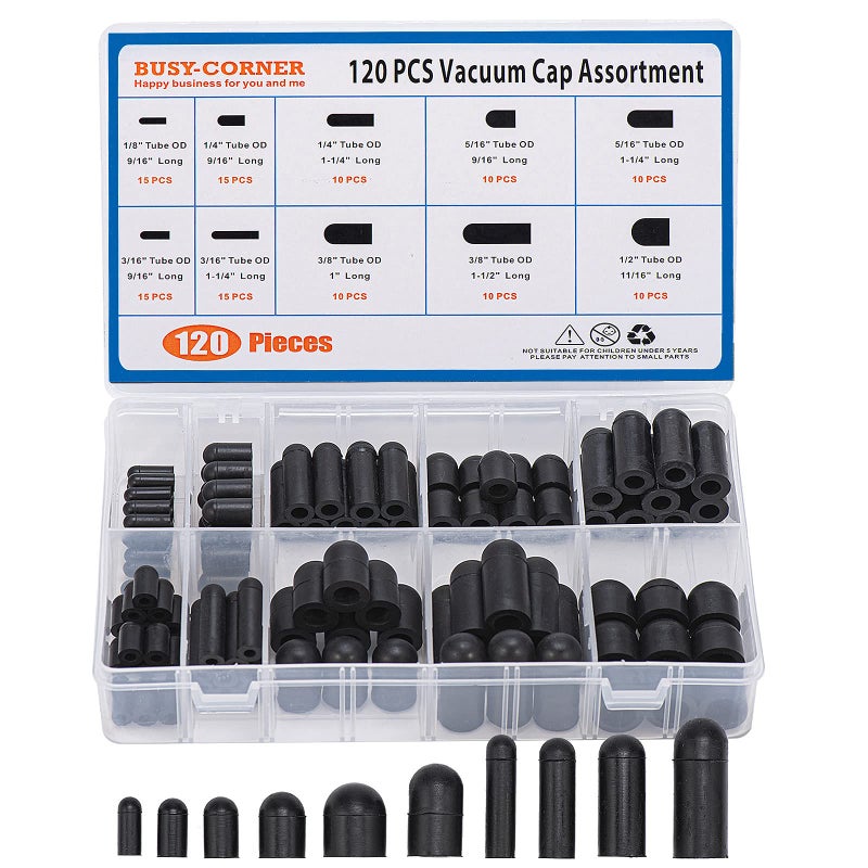 BUSY-CORNER 120 Pieces Rubber Vacuum Cap Assortment 10 Sizes Tube OD from 1/8"" to 1/2"" Sizes Automotive Carb Line Hose Caps Kit for Carburetor Manifold - Image 1